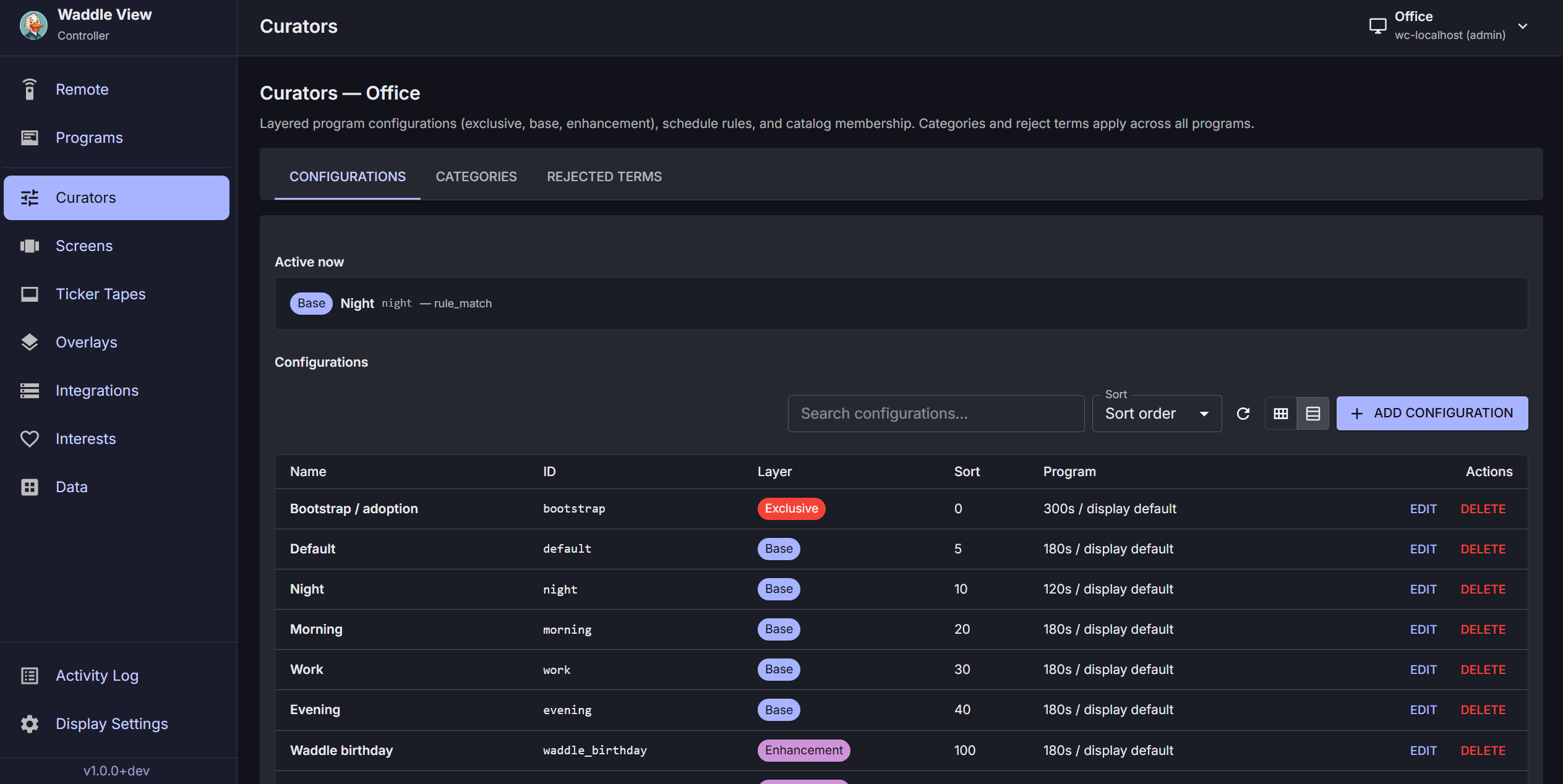 Controller curators screen